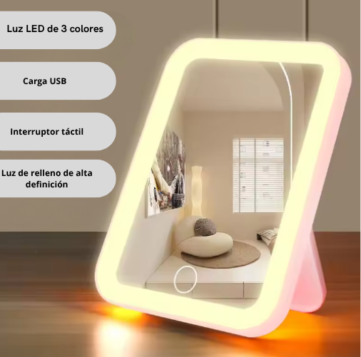 Espejo de Maquillaje LED 3 Colores | Táctil y Recargable