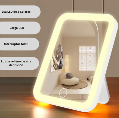 Espejo de Maquillaje LED 3 Colores | Táctil y Recargable